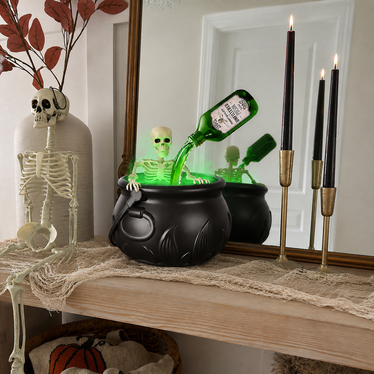 The Tipsy Skeleton displayed in a decorated Halloween kitchen