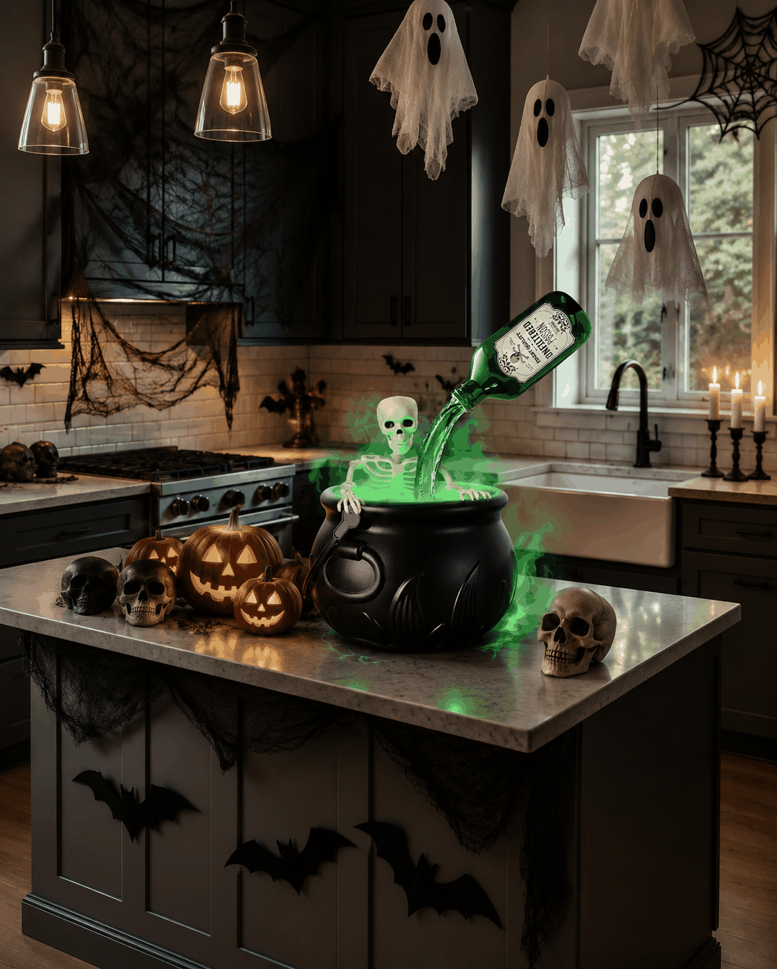 The Tipsy Skeleton in a decorated Halloween kitchen