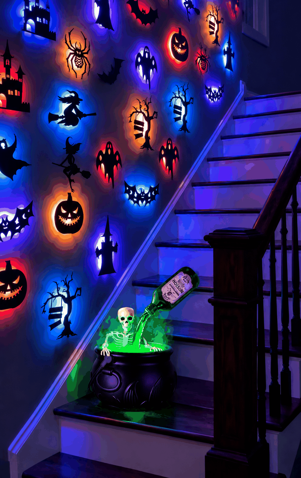 The Tipsy Skeleton glowing among Halloween decorations