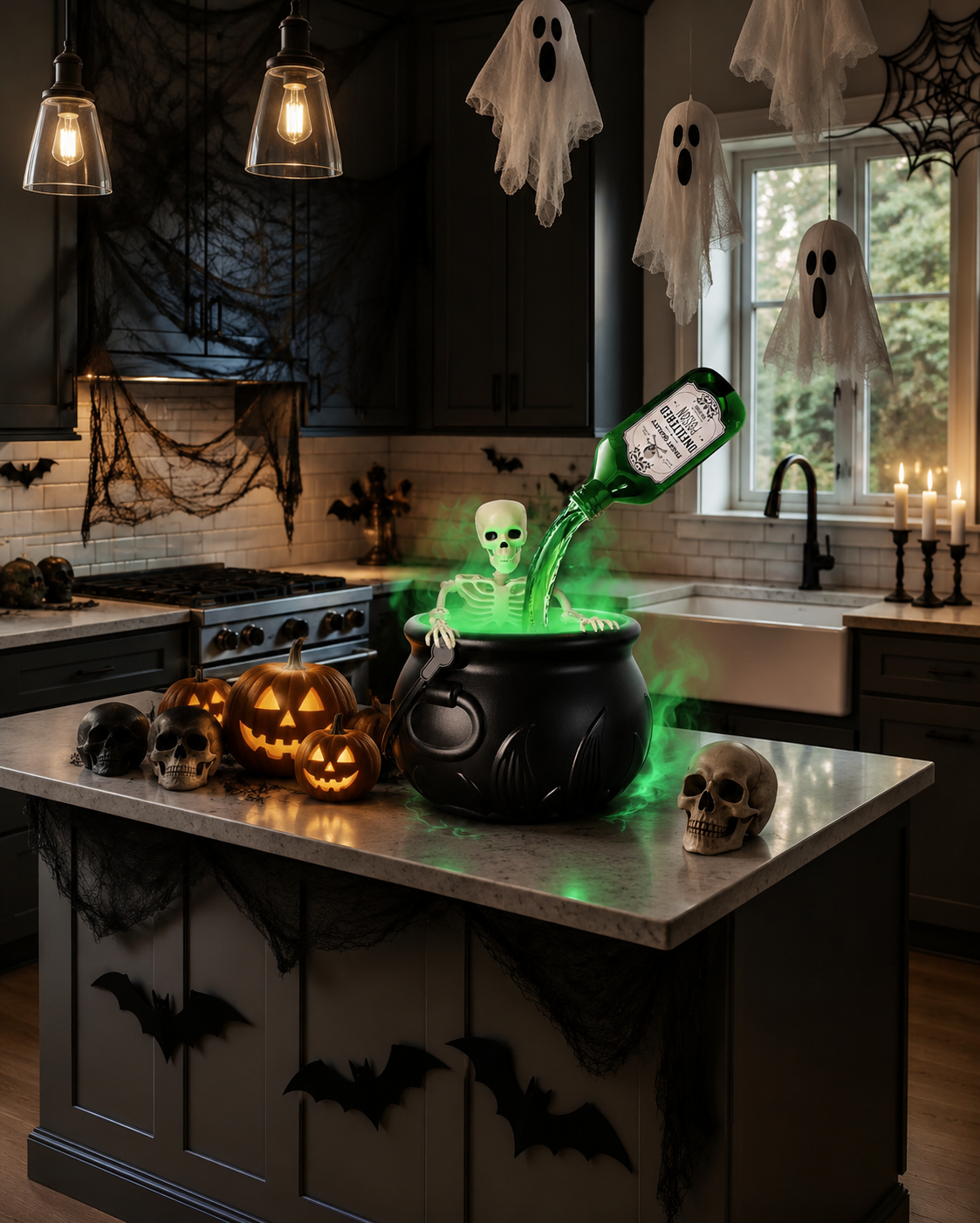 The Tipsy Skeleton in a decorated Halloween kitchen