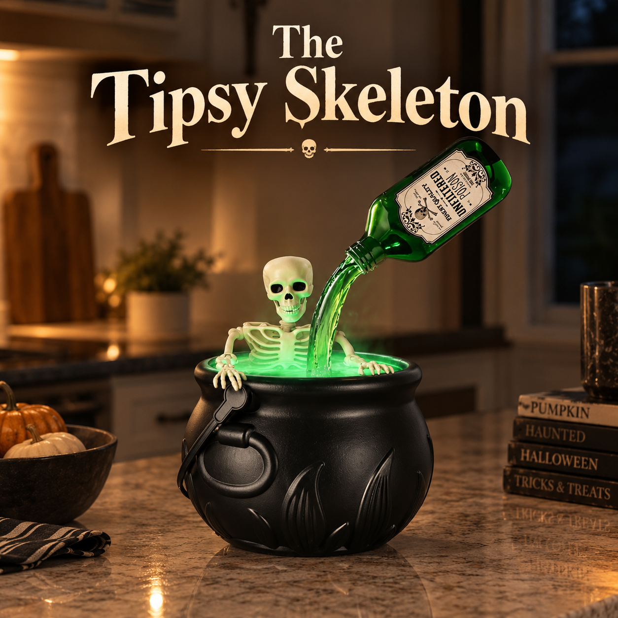 The Tipsy Skeleton USB fountain with glowing green pouring effect