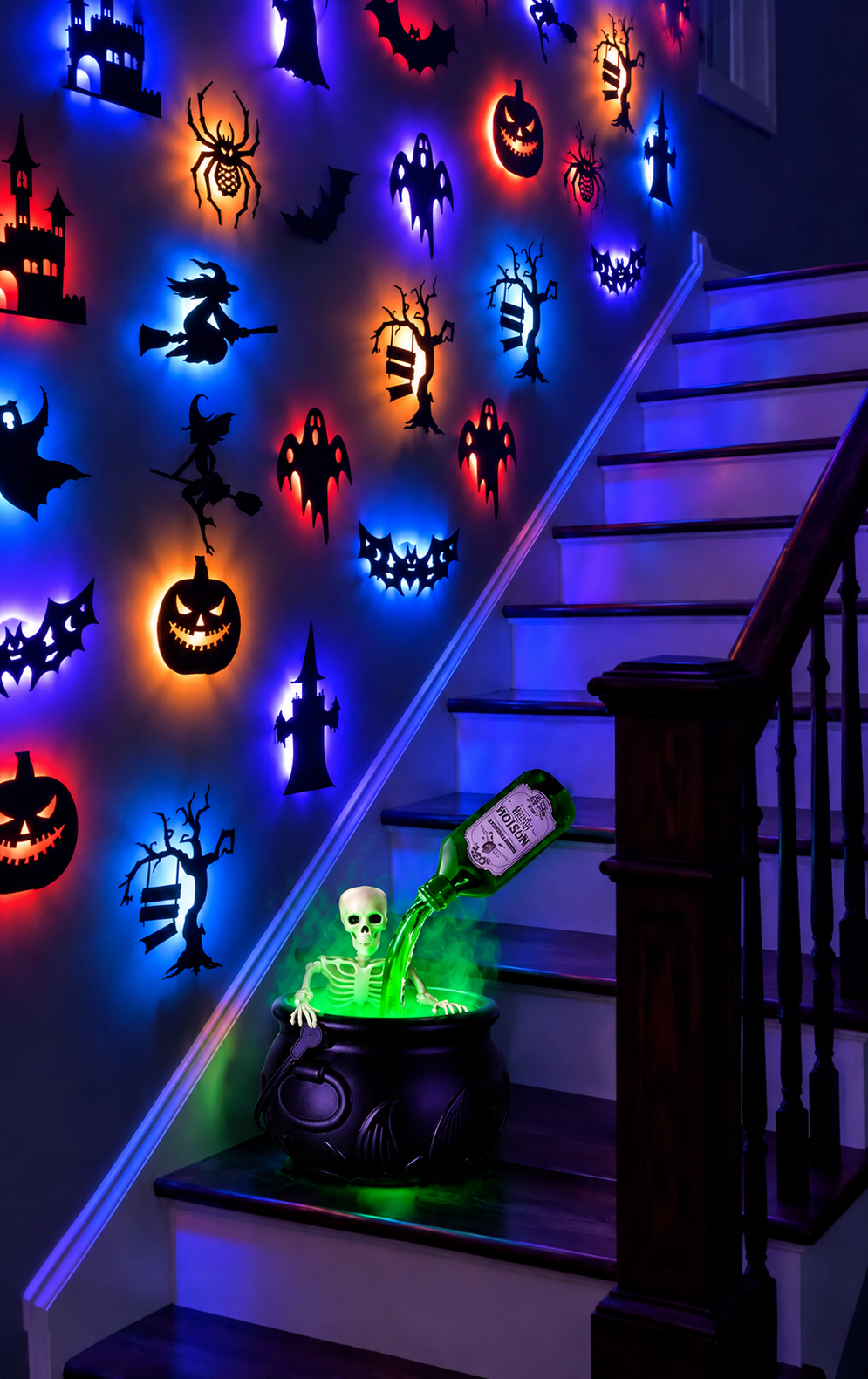 The Tipsy Skeleton glowing among Halloween decorations
